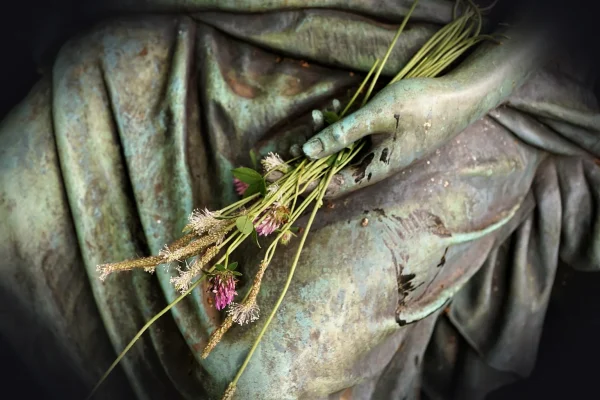 statue, flower background, hand, flower, art, stone, sculpture, condolences, depression, nature, therapy, sadness, summe