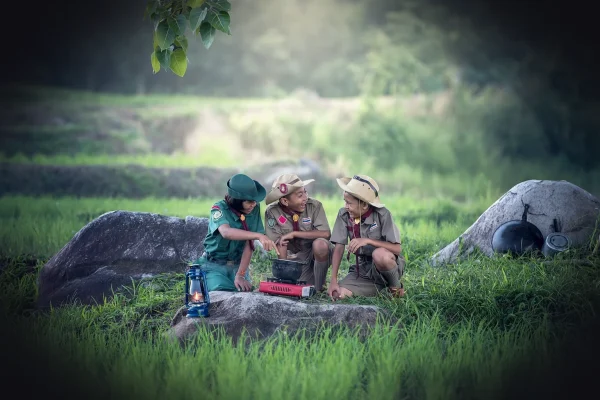 adventure, backpack, bag, boy scout, boy, elder brother, campfire, camping, chef, child, childhood, cooking, day, firewo