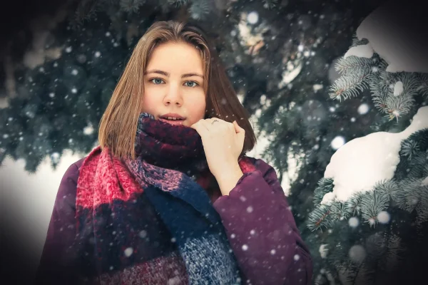 young woman, winter, weather, cold, nature, snow, christmas tree, portrait, forest, scarf