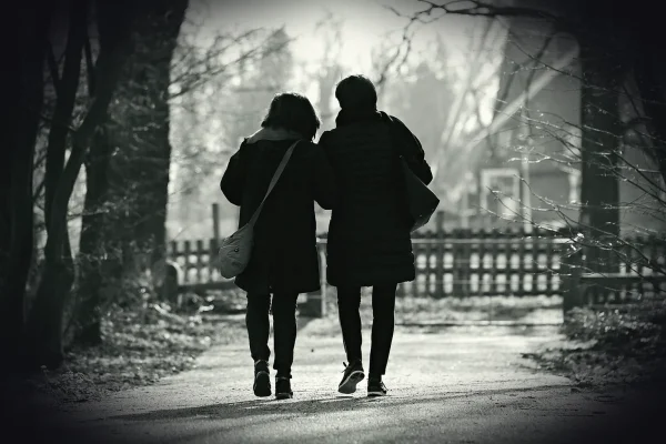 people, walking, side by side, together, pair, two, friendship, leisure, path, park, outdoors, gray walking, gray park,