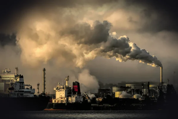 industrial harbor with smokestack pollution