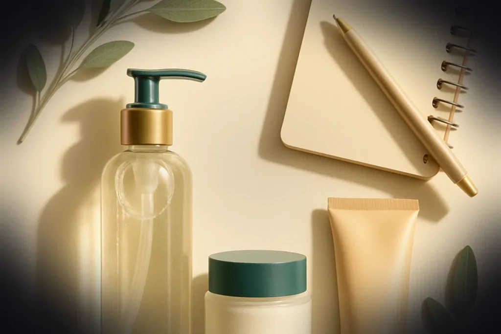 Three foundational skincare products laid out on cream surface — cleanser, moisturizer, sunscreen