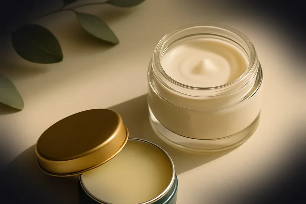 Petrolatum lip balm and neutral cream on cream surface for lip-area lesion care