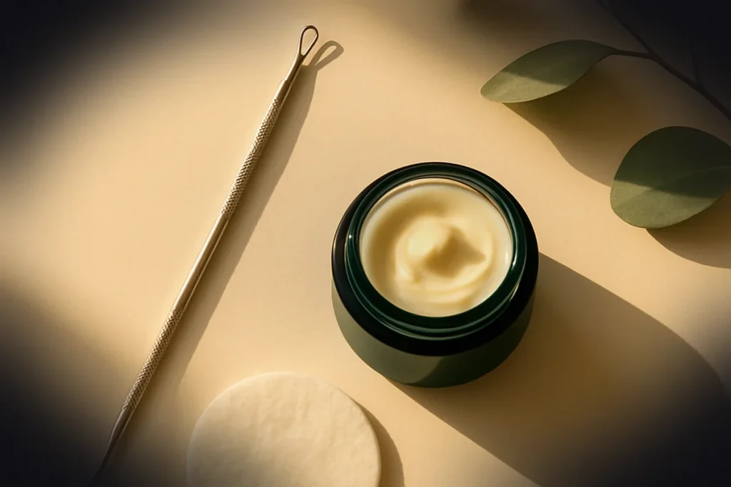 Sterile extraction tool with retinol cream and cotton round for milia treatment decisions