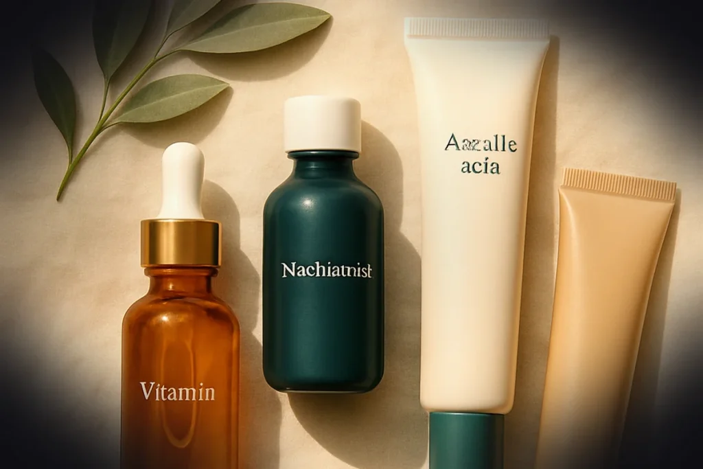 Flat lay of pregnancy-safe skincare: vitamin C, niacinamide, azelaic acid, mineral SPF