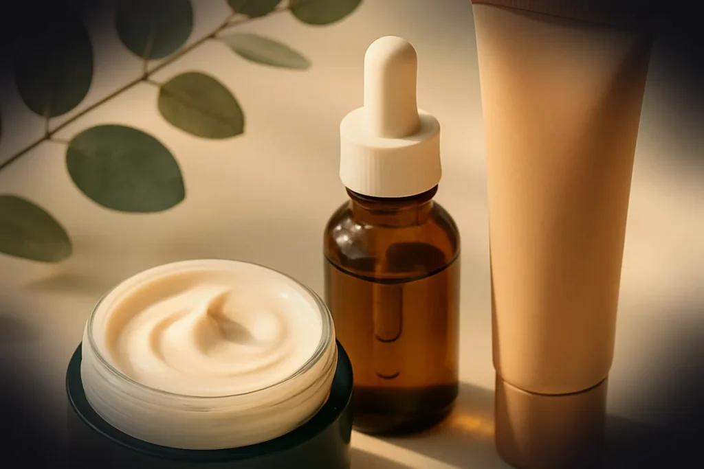 Gentle ceramide moisturizer, azelaic acid serum, and mineral sunscreen for rosacea-prone skin