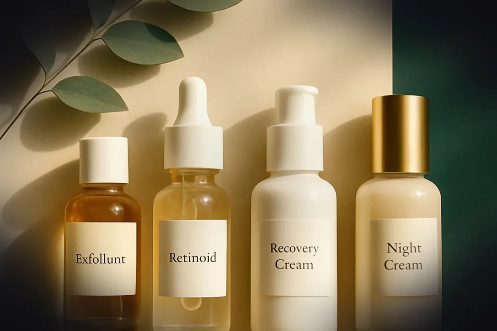 Skin cycling 4-night rotation: exfoliant, retinoid, and two recovery night products