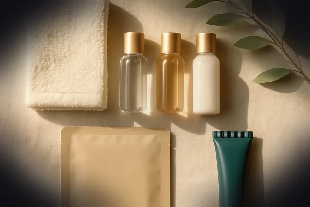 Travel skincare essentials: TSA-compliant bottles, sheet mask, travel sunscreen, cotton washcloth