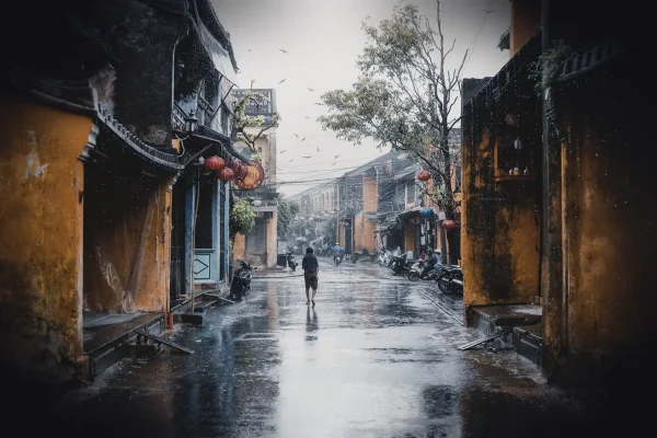 person, road, street, buildings, rain, nature, rainy, urban, walk, lonely, city, hoi an, vietnam