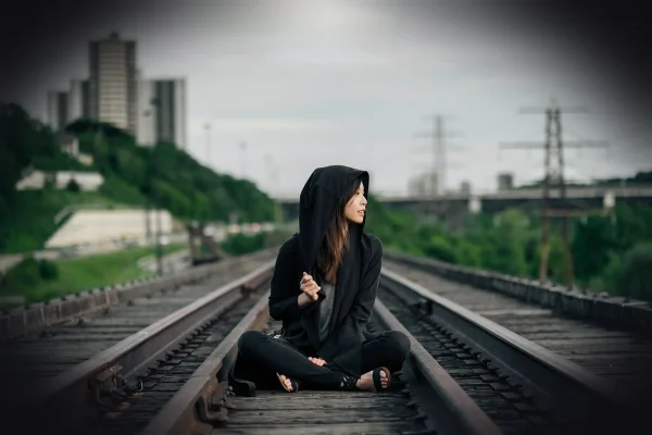 railroad tracks, sitting, woman, girl, asian, hipster, tracks, urban, risk, danger, sitting, girl, asian, risk, risk, ri