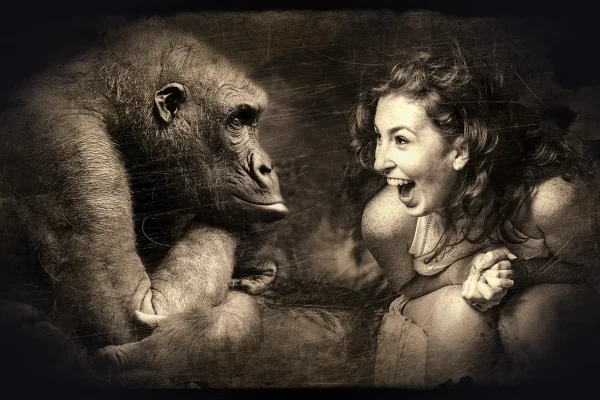 composing, ape, woman, laugh, sepia, brown, gorilla, watch, scene, fantasy, view, mystical, lighting mood, fantasy pictu