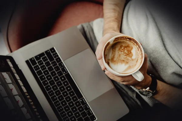 coffee, cup, computer, home, laptop, macbook, technology, office, business, designer, work, coffee cup, man, casual