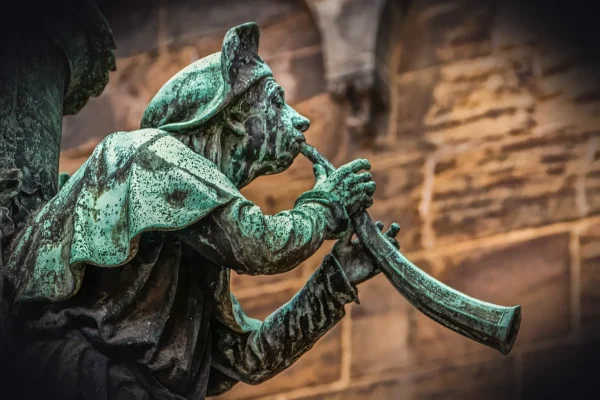 trumpeter, blowers, music, sculpture, patina, green, brown, copper, metallic, metal, musician, blow, instrument, man, to