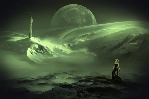 fantasy, landscape, haze, green, tower, moon, mystical, fairy tale, atmospheric, fog, bright spot mood, composing, the a
