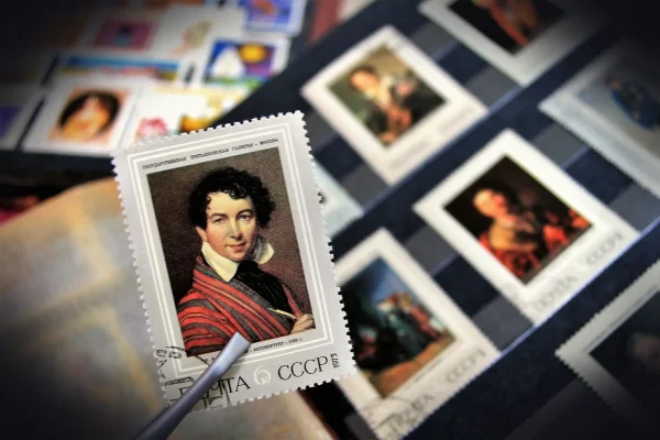 postage stamps, collection, male, cccp, piece, retro, painting russian, colorful, emblem, details, closeup, the traditio