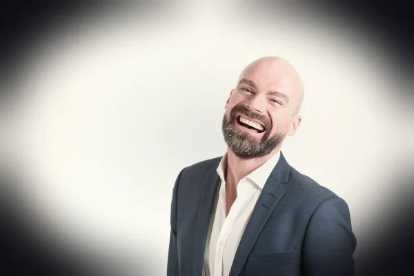 adult, bald, beard, corporate, designer suit, facial expression, fashion, laughing, male, man, model, outfit, profession