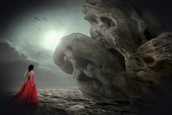 fantasy, mystical, woman, dress, red, face, root, wood, landscape, gruesome, grim, scary, surreal, mysterious, fairy tal