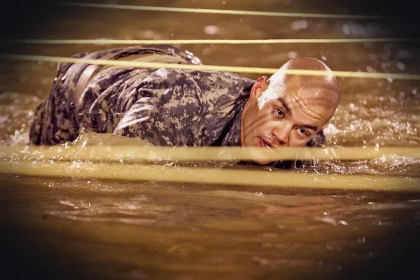 man, army, training, military, water, rigorous, exercise, hard, wire, rope, wet, drenched, nature, outside, brown exerci