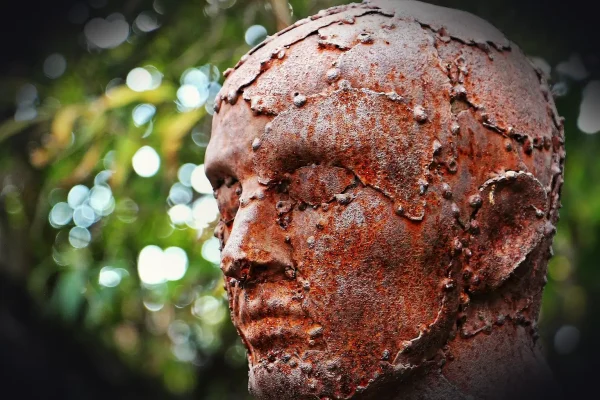 art, sculpture, scrap sculpture, human, replica, head replica, artwork, head, rust, rusty, weld seams, scrap metal, scul