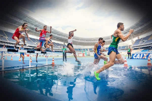 action, athletes, competition, hurdles, nature, men, people, race, running, splash, sport, stadium, track and field, wat