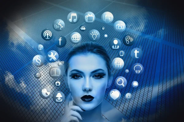 woman, face, social media, thoughts, head, applications, apps, social media applications, icons, circle, tree, networks,
