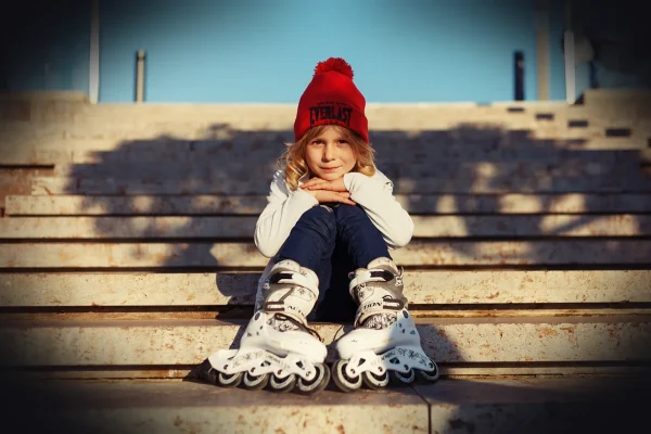 kid, roller skates, nature, stairs, girl, child, childhood, summer, day, cap, jacket, blazer, outdoor, park, fall, autum