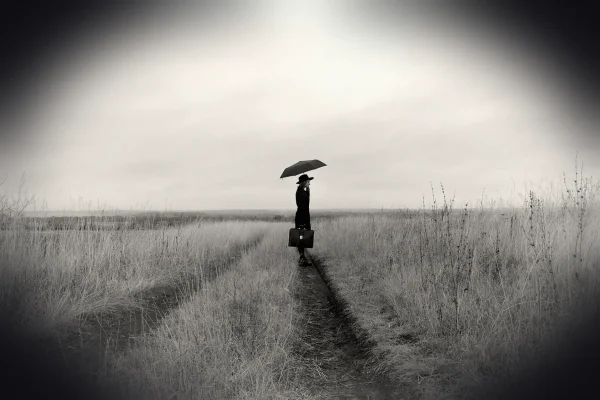 woman, mysterious, traveler, only, women, umbrella, gloomy, trail, field, countryside, outdoors, black and white, anxiet