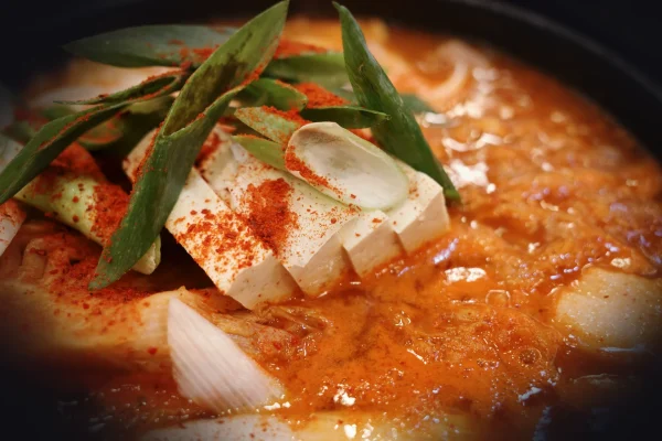 Close-up of spicy korean stew with tofu and scallions