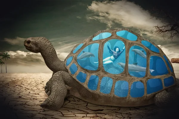 desert, tortoise, woman, dolphin, water, oasis, thirst, dryness, aquarium, nature, fishes, dive, photoshop, image editin