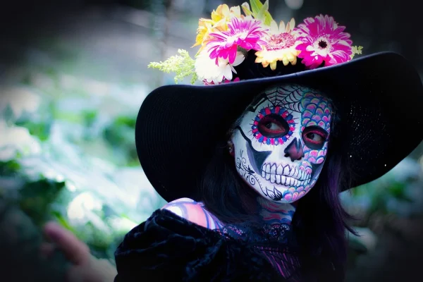 day of the dead, flower wallpaper, costume, beautiful flowers, makeup, cosmetics, face paint, hat, flowers, flower backg