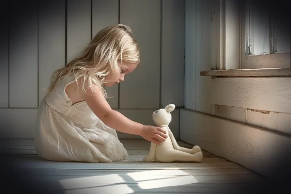 little girl, blonde, playing, teddy, window, light, inside, dress, child, tender, innocence, childhood, toy, white, tend