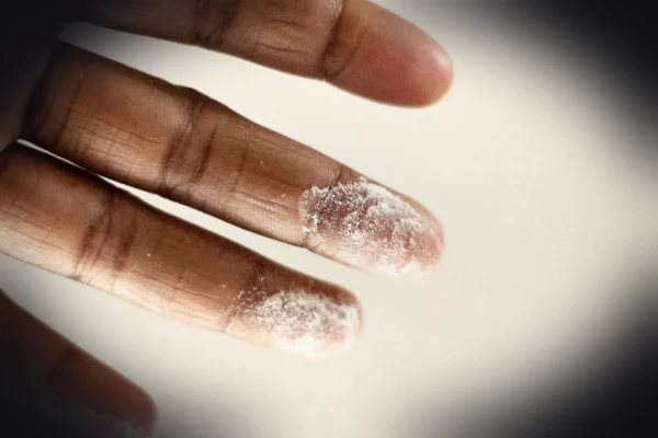 close-up photo of person's finger with white powder