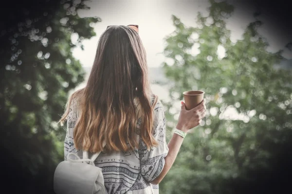 adult, back view, coffee, woman, brunette, backpack, cup, coffee cup, fashion, female, hair, long hair, outdoors, park,