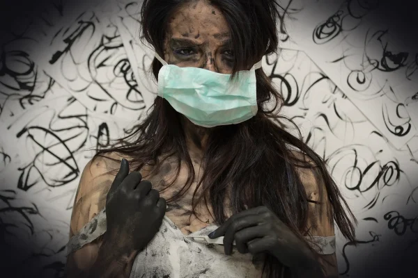 woman, model, down, fine arts, fiction, fashion, doctor, nurse, crazy, mad, depression, green, mask, doctor, doctor, doc