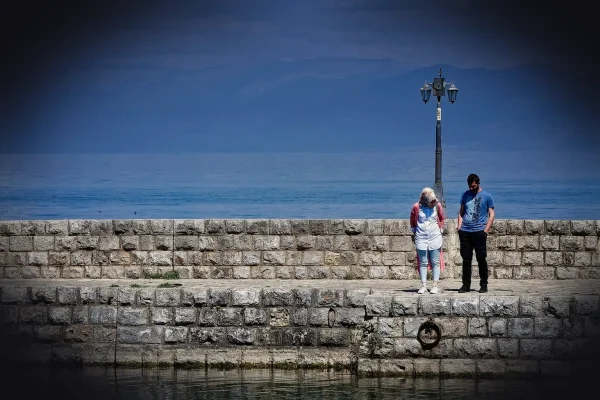 port, nature, mountains, pier, people, lamp post, old