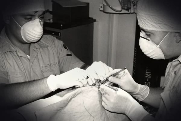 Two medical professionals perform a surgical procedure.