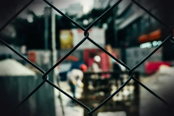 fence, wire, barrier, construction, people, blur