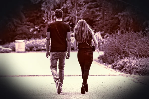 person, people, woman, man, couple, two, together, side by side, walking, activity, motion, back view, from behind, edit