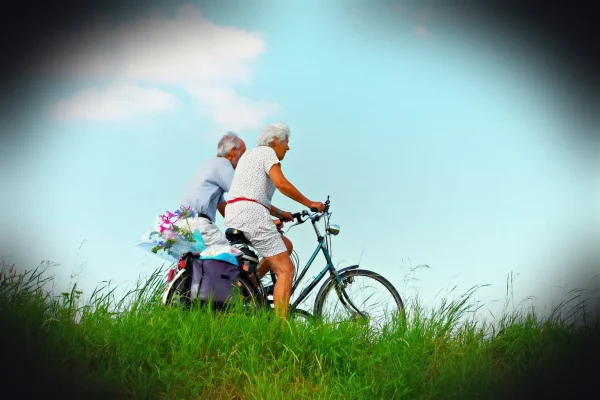 person, man, woman, people, couple, elderly, cycling, together, two, side by side, exercise, lifestyle, healthy, nature,