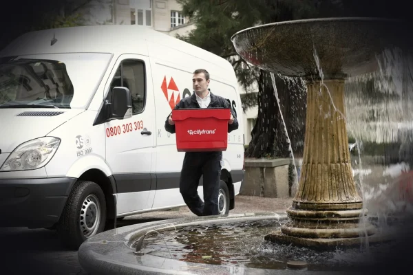 city trans, courier, nature, courier driver, driver, delivery trucks, van, fountain, logbox, transport box, transport, b