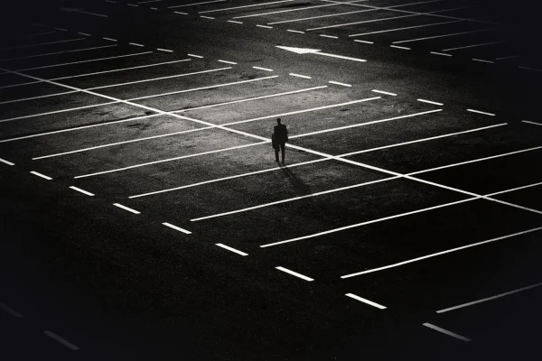 parking space, man, city, person, alone, lonely, lights, gloomy, night, evening, dark, parking lot, urban, man, city, al