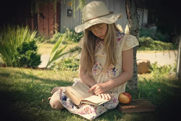 girl, read, book, child, outdoors, reading, leisure, blonde girl, little girl, bookworm, knowledge, nature, hat, long ha
