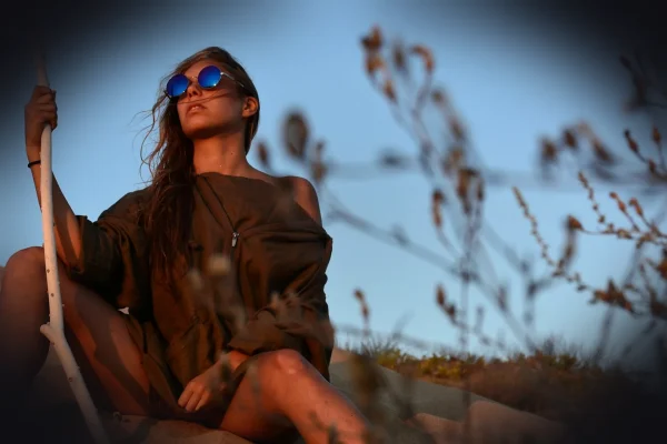 woman, fashion, model, portrait, modeling, pose, posing, young woman, shades, sunglasses, outdoors, nature, wooden stick