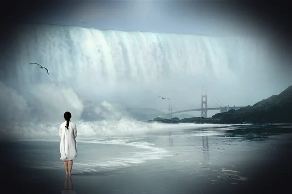 waterfall, wave, fantastic, woman, nature, water, landscape, tearing, scary, threatening, atmospheric, danger, force of
