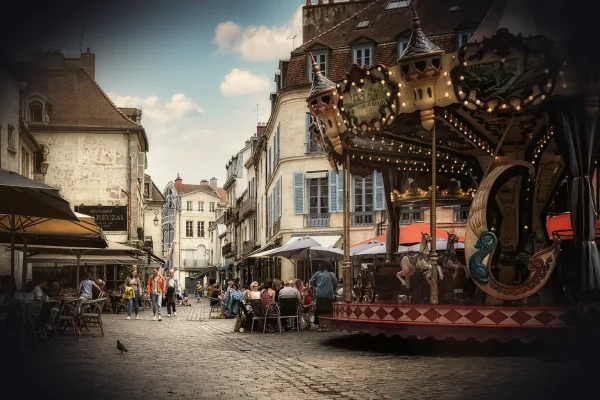 carousel, old town, urban, dijon, france, street, pedestrian zone, people, downtown, shopping street, city, old, histori