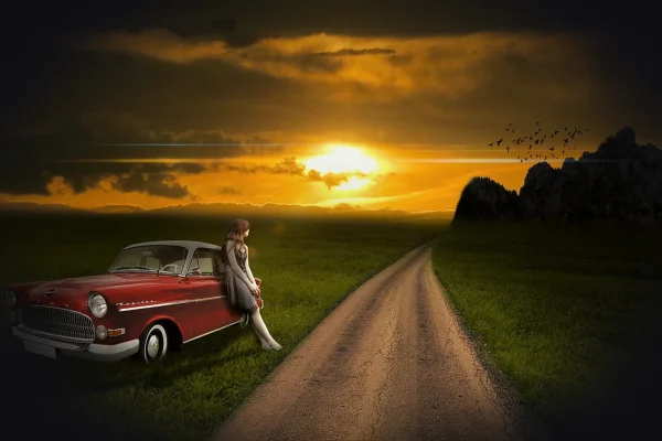 machine, young woman, landscape, style, car, model, beauty, woman, youth, photosession, dress, behind the wheel, car was