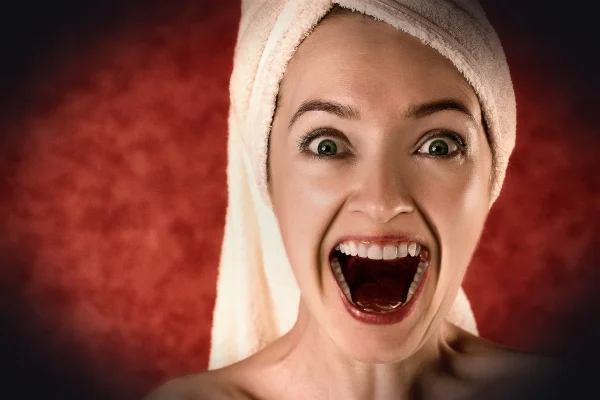 woman, towel, surprised, excited, excitement, portrait, makeup, girl, emotion, happiness, teeth, grin, laughing, laugh,