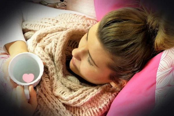 young woman, girl, lie, relax, pillow, pink, cup, heart, ill, pain, break, human, hair, female, scarf, healthy, be healt