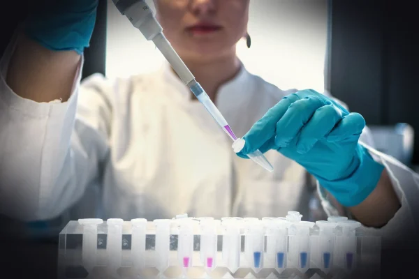 scientist using pipette with test tubes in lab