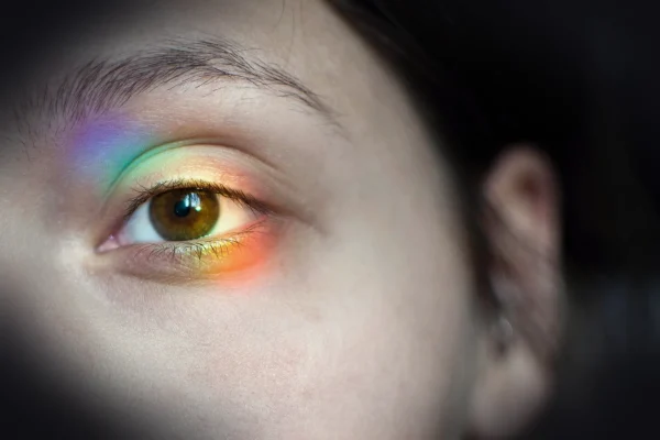 eye, rainbow, nature, woman, light, iris, brown eye, eyelashes, eyebrow, vision, sight, face, girl, closeup, pride month